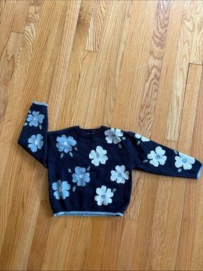 Girls' Navy Floral Crewneck Sweater with Light Blue Blooms